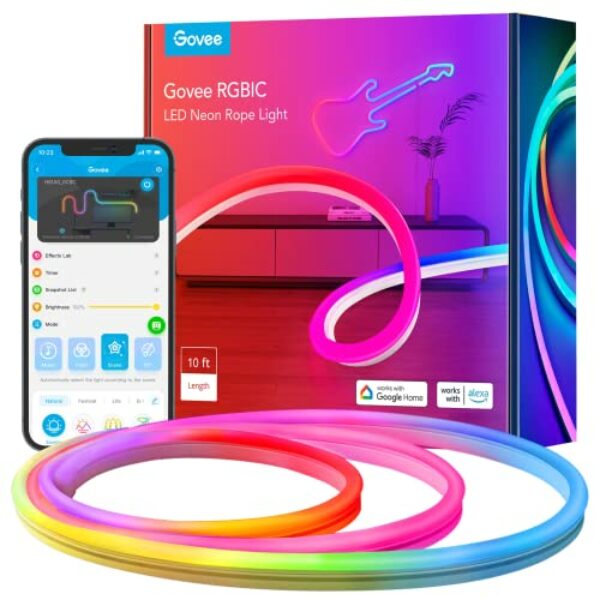 Govee Neon Rope 3M Tira LED de Silicona,16 Milliones de Color RGBIC para Habitación Gaming, TV y Dormitorio Funciona con Alexa y Google Assistant